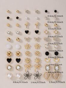 30 对/套耳钉组合 - 金属、仿珍珠、简约可爱的设计包括心形、泪珠形、蝴蝶形、水钻形、花朵形、太阳形图案，非常适合日常佩戴和节日 - 送给女士的礼物