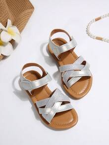 1 Pair Infant/Toddler Girls' Sparkly Cross Strap Peep Toe Hook And Loop Soft Sole PU Fashion Cute Luxurious Non-Slip Children Sandals, Suitable For 3-15 Years Old Boys Girls, Indoor Outdoor Beach Party Campus Wear, Spring Summer 2025 New Arrival - Silver - View 18