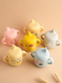 PopLittleOne 1 Stück Silikon Baby Becher tragbare Baby Wasserflasche mit niedlichem Tier, Blumen und Verkehrs-Muster, Baby Lernbecher Fütterung Baby Geschirr - Verschiedenfarbig - Übersicht 3