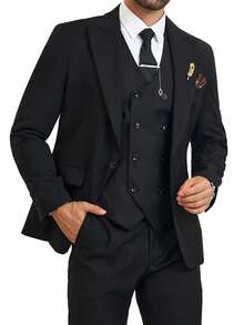 Furuyal Men's 3-Piece Suit, Elegant Solid Color Fashion Slim Fit Formal Outfit, Double-Breasted Suit Jacket With Vest And Trousers, Suitable For Business, Party, Wedding, Holiday And Other Occasions, Black, Size XS-3XL