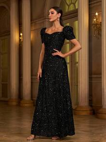 Missord Sweetheart Neck Puff Sleeve Sequin Formal Dress Black Elegant Prom Evening Wedding Guest Gown, For Graduation, Dinner Party Dress
