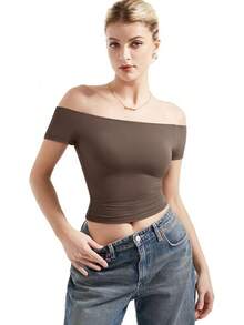 Women Double Lined Off Shoulder Tops Fitted Going Out Basic Shirts - Mocha - View 2