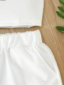 3件套少女布鲁克林字母印花吊带背心+网纱罩衫+短裤套装，时尚夏季户外套装，适合作为夏季礼物 - 白色 - 查看 8