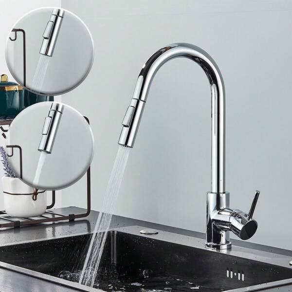 Robinet d'évier de cuisine chromé, pulvérisateur extractible rotatif à 360°, trou unique, poignée unique, robinet de cuisine
