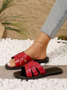 New Plus Size Women Comfy Minimalist Round Toe Hollow Out Flat Slides Sandals, Casual Fashion Open Toe Beach Shoes For Summer