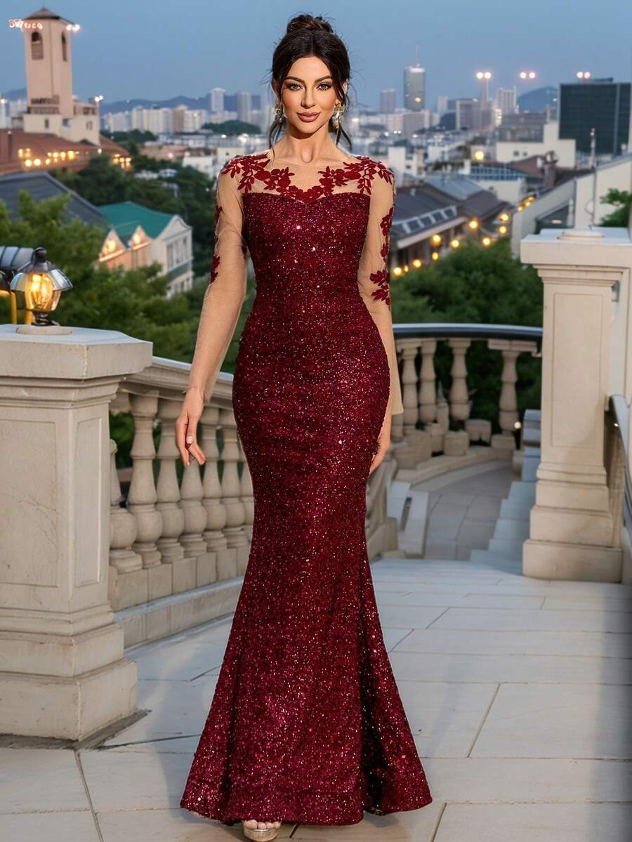 Elisanya Váy Maxi dài tay lưới ren hoa màu đỏ cho nữ, Đầm dự tiệc trang trọng thanh lịch, Xuân/Hè - Màu Đỏ Sâu - Xem 1
