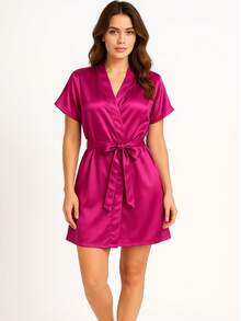 Satin Robe Bridesmaid Plain Women's Bathrobe With Sash - Hot Pink - View 2