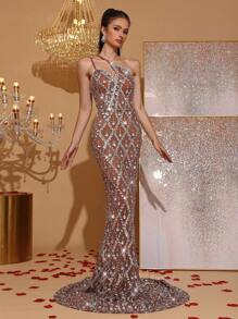 Vestido ceñido de malla transparente sin mangas con tirantes finos y lentejuelas, vestido de noche formal para mujer para invitada de boda, dama de honor, fiesta, vacaciones