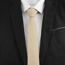 ZONFAZ 1 件男士纯色简约 2.4 英寸亚麻领带，适用于工作、婚礼、派对场合男士领带 - 卡其色 - 查看 4