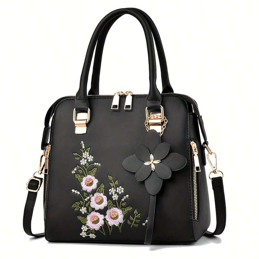 Small Purses And Handbags For Women Fashion Embroidered Floral Design Crossbody Bag Teenage Girls Top Handle Satchel Shoulder Bags Small Totes Bags - 黑色 - 查看 1