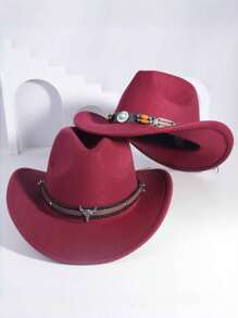 2 pièces Chapeau de cow-boy, chapeau de plage, chapeau Panama, chapeau de soleil, chapeau de cow-girl en feutre doux, fedora unisexe avec décoration de tête de bétail brodée, style bohème pour l'extérieur