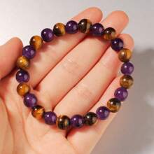 1 Stück 8mm Natürlicher Tiger-Auge Stein Armband, Gelber Tiger-Auge & Amethyst Perlen Elastik Armband, Mehrzweck-Armband für Herren und Damen
