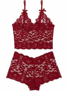Floral Lace Lingerie Set High Waist Sleepwear Bra And Panty 2 Piece Nightwear 2025 Back-To-School Season Fall Pjs - 勃根地紅領結 - 查看 4