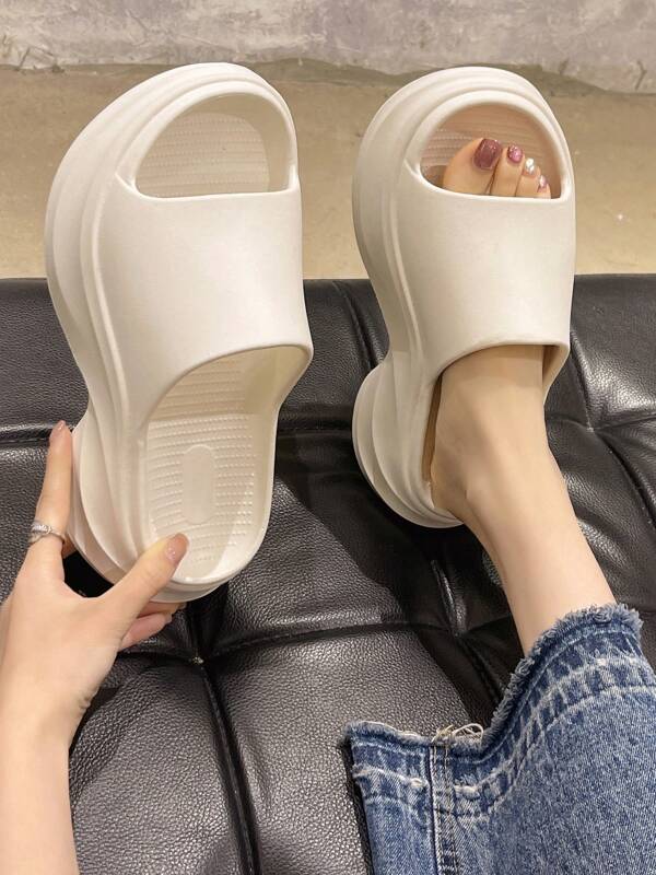 White Platform Slip-On Sandals For Women, Summer Slippers Made Of EVA Material, Comfortable & Soft, Anti-Slip & Durable, Wave Textured Sole For Height Increase