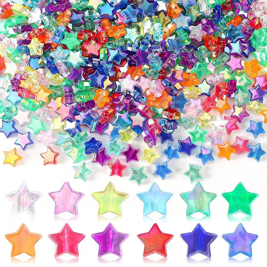 100 件亚克力星形 DIY 珠子，12 种混合 AB 色珠子，用于珠宝制作工艺品独立日亚克力珠子项链友谊手链工艺 DIY 用品，小号 - 彩色 - 查看 1