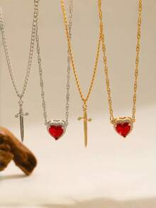 2 件欧美箭头穿孔红锆石心形吊坠项链女士锁骨链情人节礼物适合日常佩戴、约会派对、度假和节日