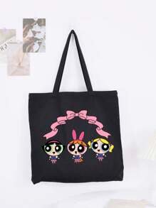 THE POWERPUFF GIRLS Cartoon Superhero Policewoman Minimalist & Stylish Canvas Shoulder Tote Bag, Casual Large Capacity Daily Work Commute Foldable Shopping Handbag