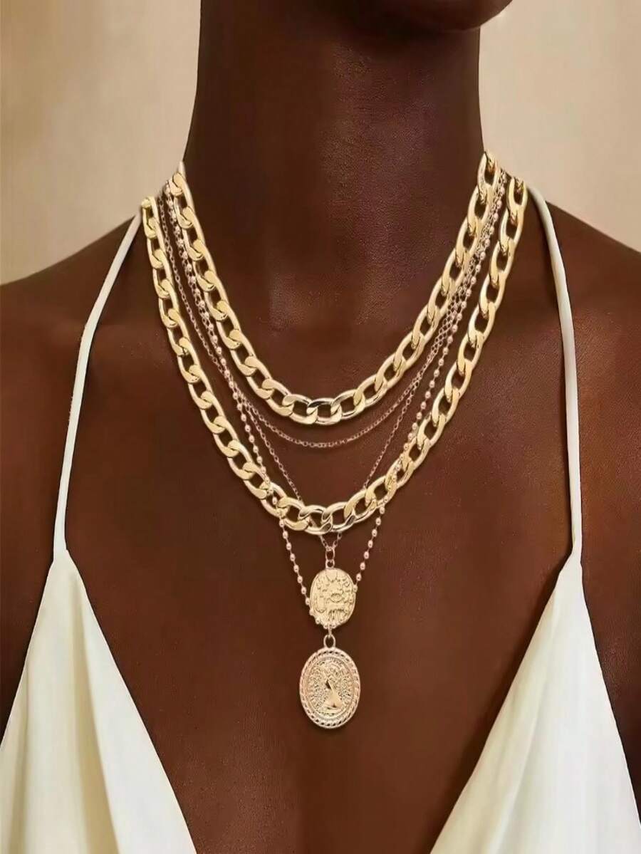 嘻哈多层圆形吊坠项链女式时尚朋克金色粗链派对颈饰配饰新品 - 彩色 - 查看 1