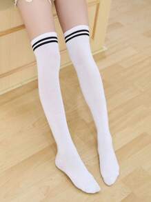 1 Pair Women Japanese Style Solid Color Stripe Sexy Thigh High Socks, Thick Over The Knee Stockings