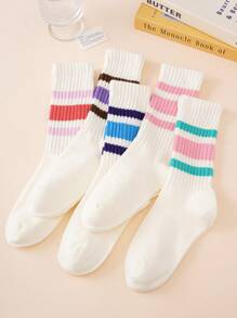 1 par/5 pares de calcetines a rayas de color de dopamina, para uso doméstico, fitness, transpirables y que absorben la humedad, calcetines largos de tubo para mujeres, aptos para todas las estaciones