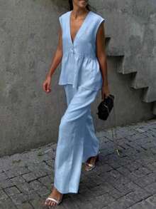 2 件套女士休闲优雅无袖上衣和松紧腰裤套装，轻薄透明面料，适合晚间约会、海滩、婚礼、花园、街头