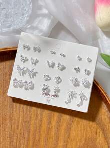 12 Pairs Silver Tone Pastel Butterfly Stud Earring Set, Chic And Simple Zinc Alloy Earrings, Fashionable For Daily Wear, Great Gift For Girlfriend