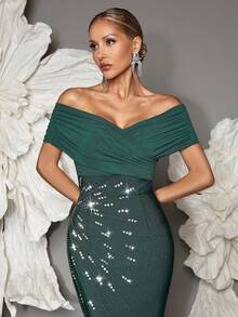 Off-Shoulder Handmade Beaded Bodycon Bandage Dress, Sexy & Fitted, Suitable For Family Gatherings, Parties, Formal Events - Dark Green - View 2
