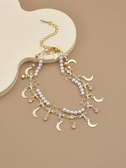 1 pieza Tobillera/pulsera de acero inoxidable de doble capa con perla, estrella y luna, joyería de moda lujosa, color dorado, para verano, playa, vacaciones, encanto, joyería occidental, regalo para el Día del Maestro, regalo para mujeres, regalo de cumpleaños