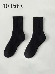 1/10/12 Pairs Men's Black & White Solid Color Mid-Calf Socks, Sports/Casual Comfortable Everyday, Home, Travel, Business Socks, Suitable For All Seasons