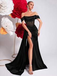 ADYCE Đầm dạ hội khoét vai, đầm maxi dài xòe rộng, eo cao, hở lưng, cổ yếm, đính đá lấp lánh, thắt lưng buộc eo, thích hợp cho các buổi tiệc, dạ hội và các dịp lễ kỷ niệm. - màu đen - Xem 5