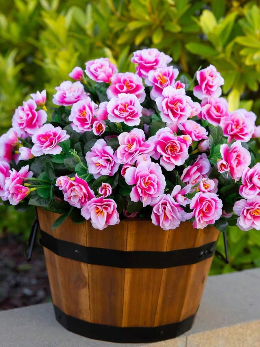 6 Bunches Of Artificial Silk Rhododendron, 13in Spring Decorative Artificial Outdoor Flowers And Plants, UV Resistant, Realistic, Suitable For Outdoor Potted Plants, Porch, Patio, Balcony, Garden, Courtyard Home Decoration - Hồng - Xem 1