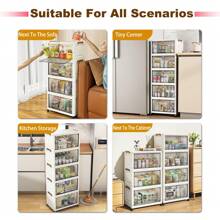 1pc (38cm/14.96in) Width Small Folding Storage Cabinet, 1-6 Tiers Selectable, Clothes Divider Wardrobe Storage Box, Kitchen Pantry Organizer, Dining Tableware Cabinet, Thickened Flip-Top Rolling Storage Cart, Freestanding Plastic Folding Storage Shelves For Home