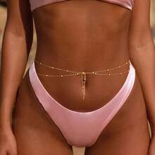 1 件百搭简约金珠双层流苏身体链项链/腰链，适合度假、旅行、日常佩戴、派对 - 金黃色 - 查看 1