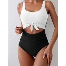 Women's One Piece Swimsuit Tummy Control Slimming Bathing Suit Cutout Tie Knot Swimwear - Black - View 4