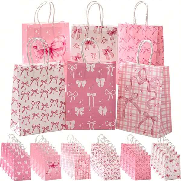 6/30pcs Pink Bow Themed Party Favor Bags - Elegant Paper Gift Bags With Handles For Weddings, Bridal Showers, Birthdays, And Special Occasions, Featuring Bows, Stars, And Geometric Patterns In Shades Of Pink, Wedding Party Favors | Whimsical Bow Design | Sturdy Handle Bags, Bridal Party Gifts