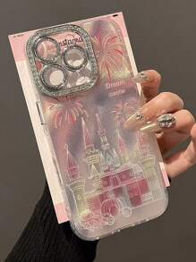 High-Quality Ins-Style Pink Firework Castle Carriage Rhinestone Mirror Phone Case, Compatible With IPhone 16 Pro Max/IPhone 15 Plus/IPhone 14 Plus, Full Coverage Lens Protection For IPhone 11/13 Pro/12 Pro Max