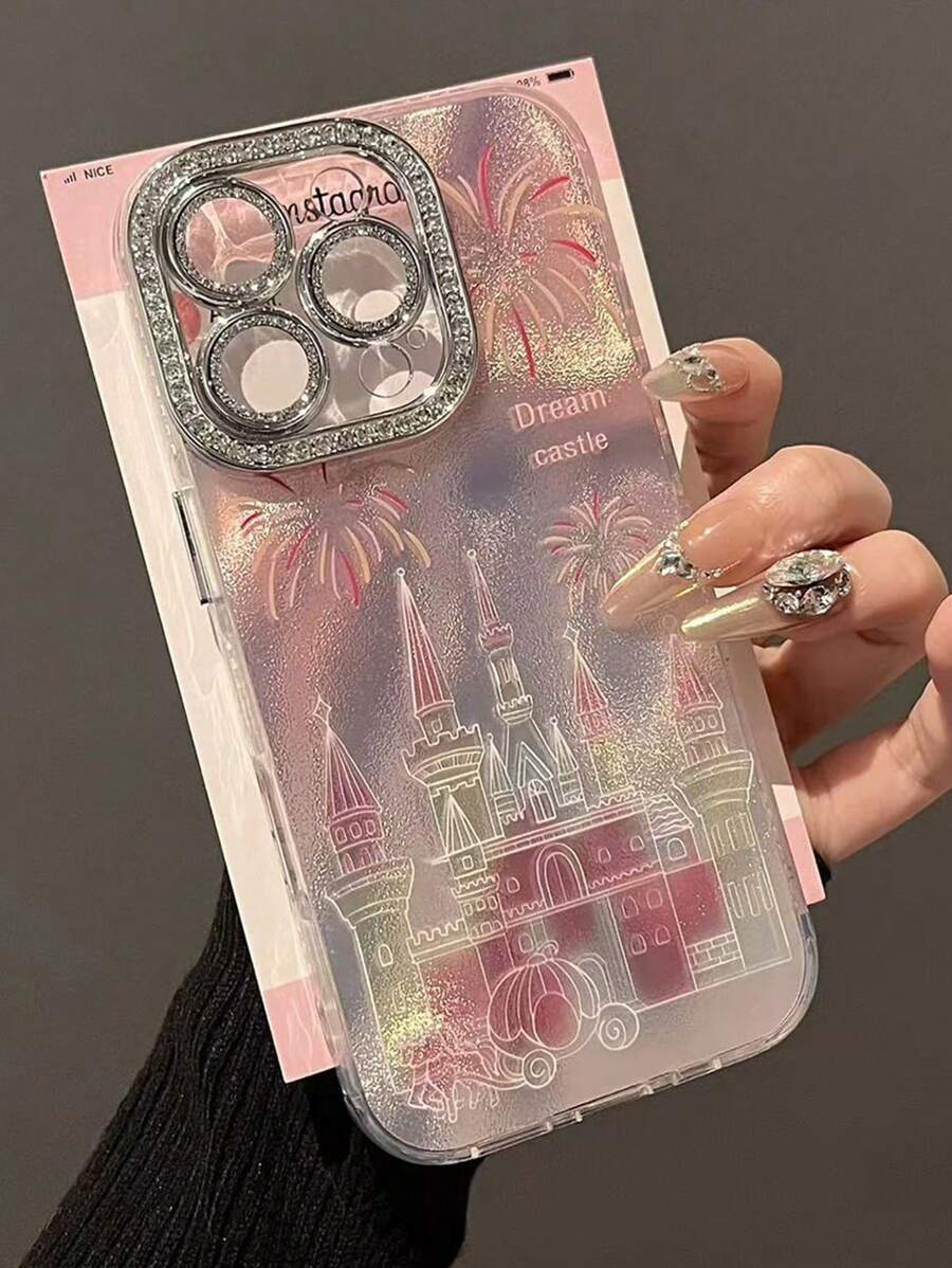 High-Quality Ins-Style Pink Firework Castle Carriage Rhinestone Mirror Phone Case, Compatible With IPhone 16 Pro Max/IPhone 15 Plus/IPhone 14 Plus, Full Coverage Lens Protection For IPhone 11/13 Pro/12 Pro Max