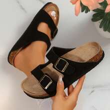 Women Sandals Adjustable Buckle Slip On Cork Footbed Comfortable All Day Wear - 黑色 - 查看 1
