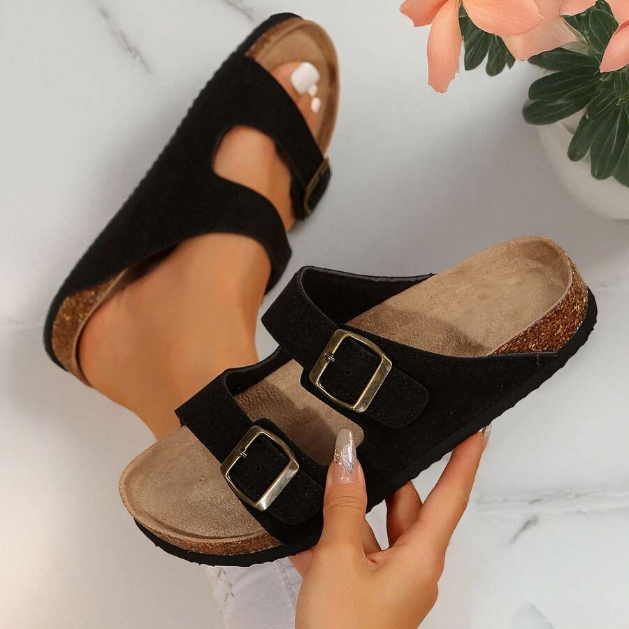 Women Sandals Adjustable Buckle Slip On Cork Footbed Comfortable All Day Wear - 黑色 - 查看 1