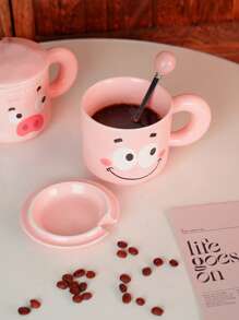 1 Stück 350 ml rosa Keramik Kaffeebecher mit Deckel & Löffel, süßer Cartoon Schwein Milchbecher mit Griff, sinnvolles Geschenk zum Geburtstag und für Paar, stilvoller Wasserbecher