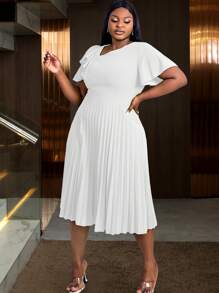 Plus Size Ladies Asymmetrical Neck Elegant Ruffled Sleeve Pleated A-Line Skirt, Commute, Graduation, Church,Graduation Outfit