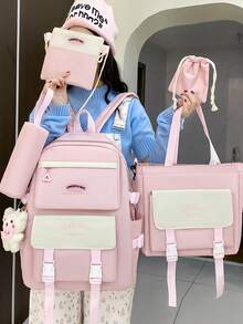 5 件套时尚百搭多功能校园背包套装（带配件） - 粉色 - 查看 9