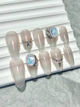 10 件美人鱼公主手工佩戴指甲富家女美甲气质极光多功能闪钻假指甲按压指甲杏仁指甲按压指甲中号指甲用品（1 张果冻贴纸+1 个指甲锉）