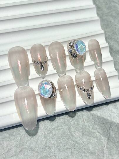 10 件美人鱼公主手工佩戴指甲富家女美甲气质极光多功能闪钻假指甲按压指甲杏仁指甲按压指甲中号指甲用品（1 张果冻贴纸+1 个指甲锉）