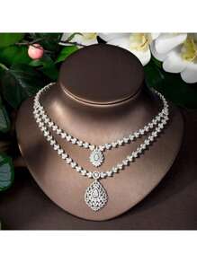 1 Set Vintage Katzenauge eleganter zweistufiger Halsketten-Anhänger, Ohrringe, Armband Schmuck Kleider Accessoires für Frauen, geeignet als Braut, Hochzeits, Jahrestags Geschenk, für Party und Abschlussball