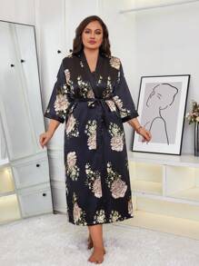 1pc Plus Size Women Floral Print Elegant Loose Belted Robe, Comfortable Fabric Sleepwear Suitable For Overweight/Obese Group, Suitable For Spring, Summer, Autumn, Winter Home/Sleep Use ,Vacation
