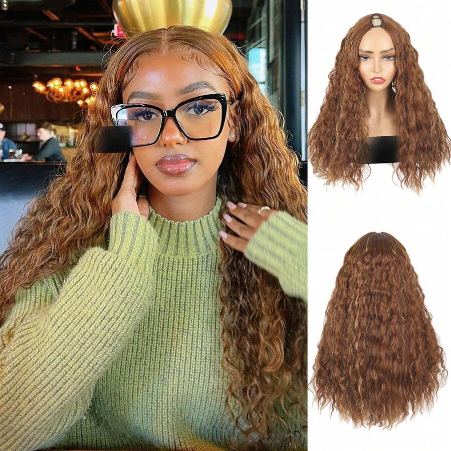 V Part Wig Kinky Curly Synthetic Half Wigs For Women - 24Inch V Part No Leave Out Deep Wave Wigs In Ombre Honey Blond - Honey Blonde - 查看 1