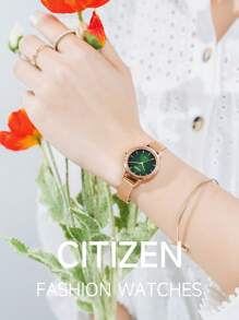 CITIZEN Montre à quartz pour femmes, montre analogique avec bracelet en acier inoxydable doré rose, montre habillée décontractée pour femmes, boîtier de 26 mm avec cadran vert EQ3003-50W