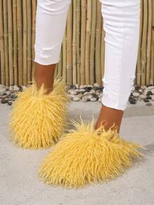 Women's Plush Faux Fur Slippers - Fluffy And Warm Slide-On Slipper For Cozy Comfor - Yellow - View 5