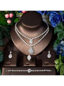 1 Set Vintage Katzenauge eleganter zweistufiger Halsketten-Anhänger, Ohrringe, Armband Schmuck Kleider Accessoires für Frauen, geeignet als Braut, Hochzeits, Jahrestags Geschenk, für Party und Abschlussball